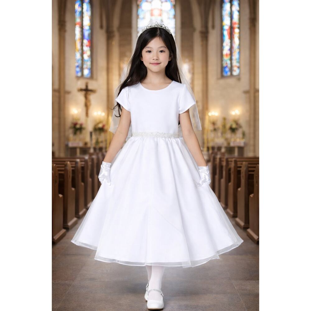 NEW Girls First Holy Communion Dress Size 10X Satin & Crystal Organza Tea-Length